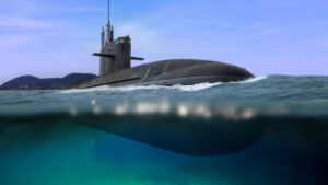 Naval submarine floating and half submerged in shallow water