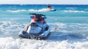 Blue sea and a jet ski floating on the ,