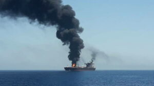 Crude oil tanker on fire in Gulf of Oman