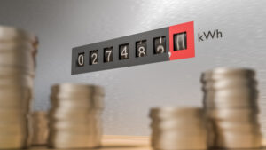 Expensive energy and power consumption concept. Coins in front of electricity meter. 3D rendered illustration.