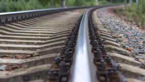 Railway rails and sleepers close-up.