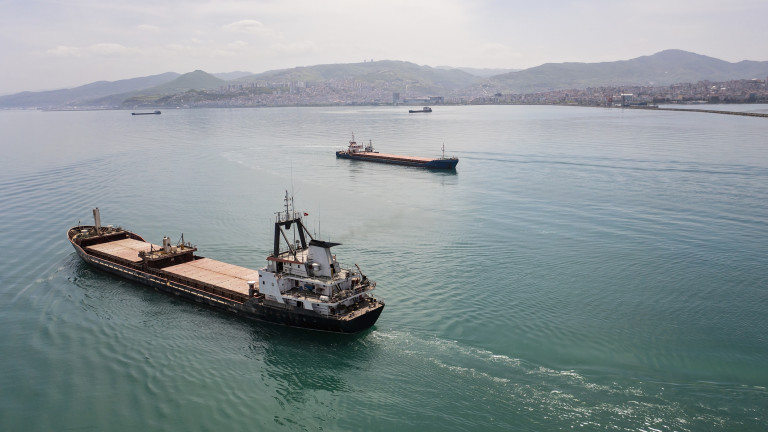 Aerial view of cargo ship in transit.